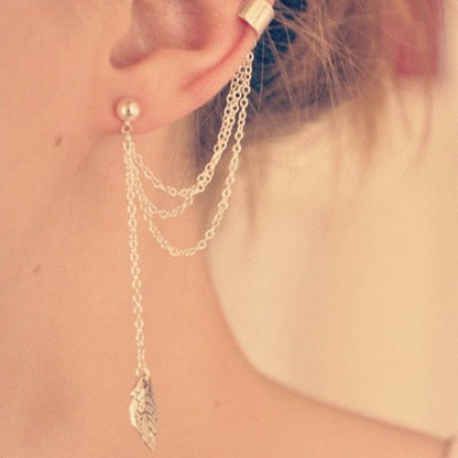 Metal leaf leaf tassel earrings ear clip jewelry women