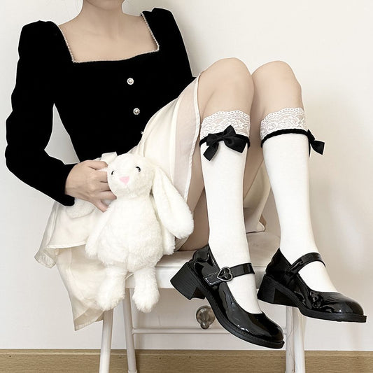 Two-Way Wear Lace Bow Knee High Socks, Black & White Convertible Calf Stockings, Cute Lolita Coquette Aesthetic Legwear For Women