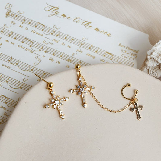 Baroque cross ear bone clip earrings
