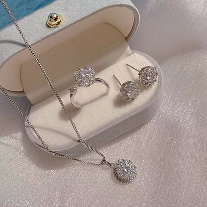 Zircon Light Luxury Good Luck Comes Rotating Open Rings Ear Studs Necklace Suit