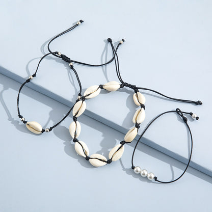 Pearl Shell Anklet Braided Rope Three-Piece Anklet