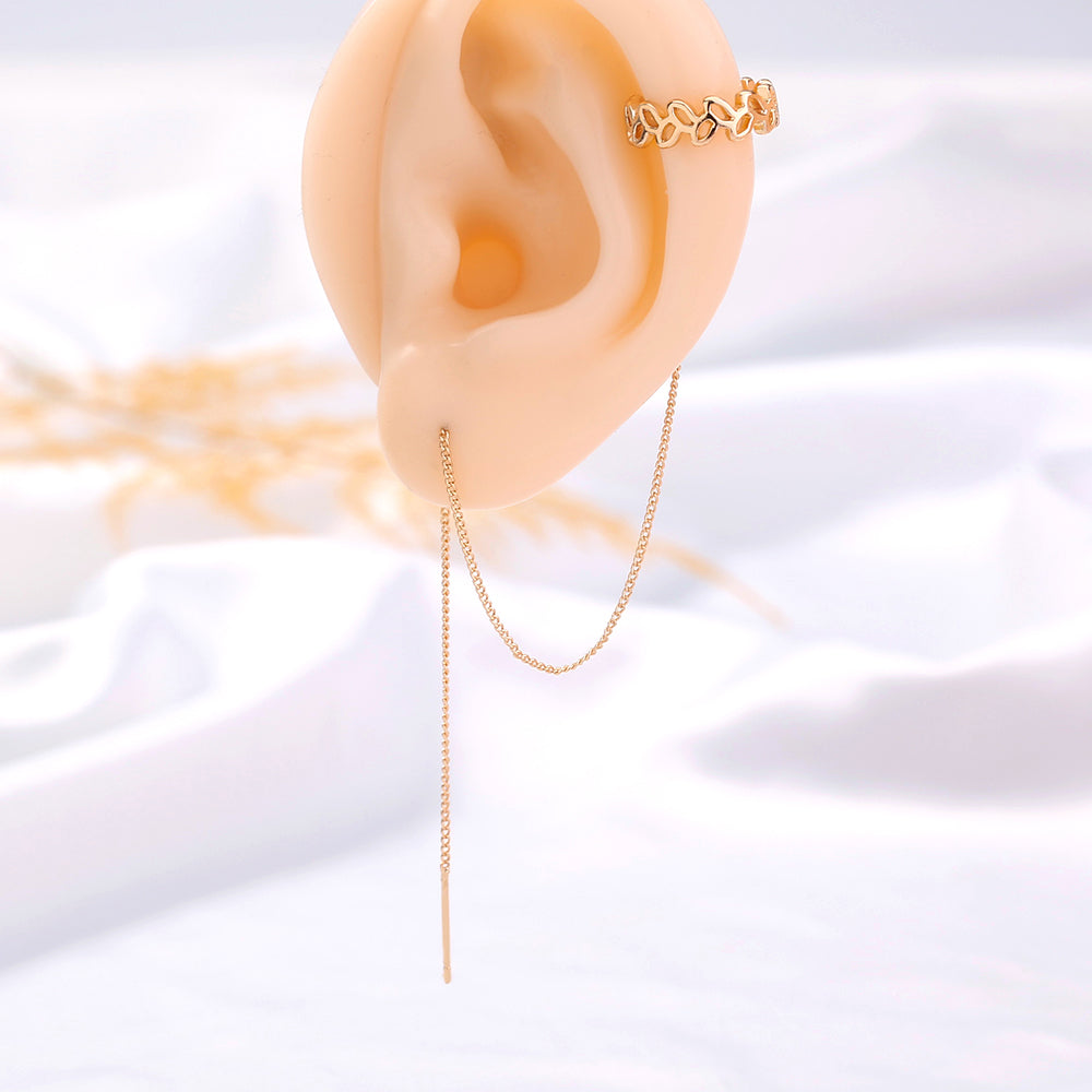Gold Long Copper C-shaped Hollow Leaf Ear Clip Ear Wire Earrings