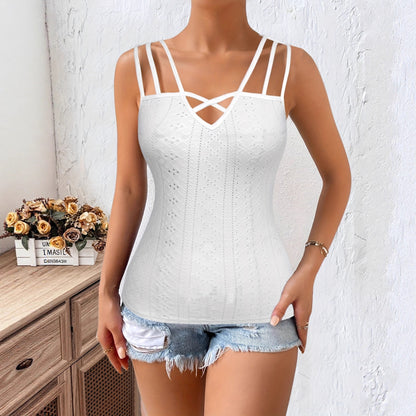 Mesh Embroidery Three-strap Solid-color Camisole Top With Cutout Design