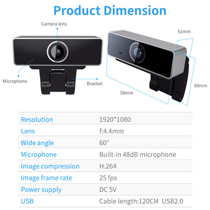 1Pc FHD 1080P Webcam USB PC Computer Webcam Auto Focus With Microphone 60-Degree Widescreen Desktop Laptop Webcam Live Streaming Webcam With Rotatable Clip For Live Broadcast Video Calling Conferencin