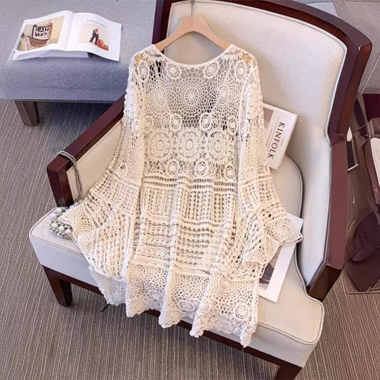 Summer Plus Size Women's Clothing Oversize Thin Lace Crocheted Hollow Out Sun Protective Blouse Ice Silk Wool Sweater Top