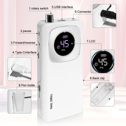 Rechargeable Electric Nail File Professional - 45000RPM Portable Efile Nail Drill Kit, Cordless E File Nail Drill Machine For Acrylic Gel Nails Salon Home Manicure Use
