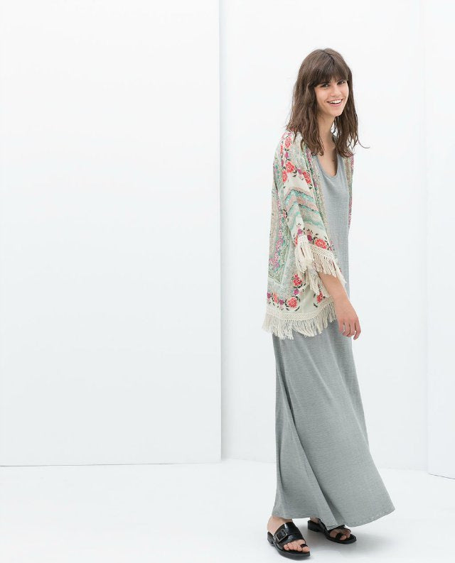Batwing Sleeve Chiffon Printed Shawl Kimono Cardigan Coat