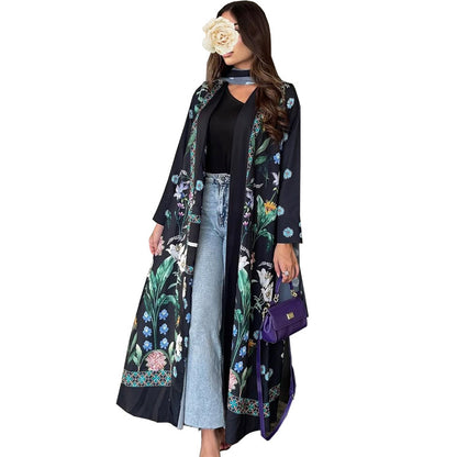 Womens Fashionable Printed Casual Cardigan Coat With Headscarf