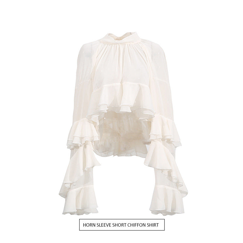Fashion Casual Long Sleeve Layered Ruffled Short Chiffon Shirt