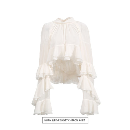 Fashion Casual Long Sleeve Layered Ruffled Short Chiffon Shirt