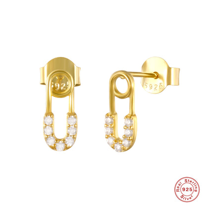 S925 Sterling Silver Personalized Pin Stud Earrings With Diamonds Safety Pin