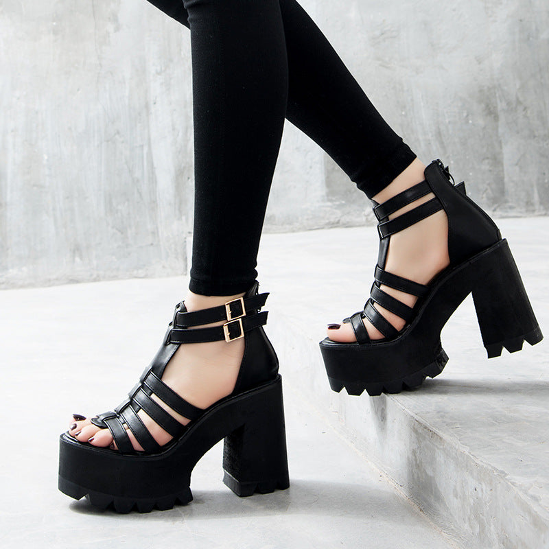 Fish mouth high heel thick heel sandals