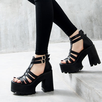 Fish mouth high heel thick heel sandals