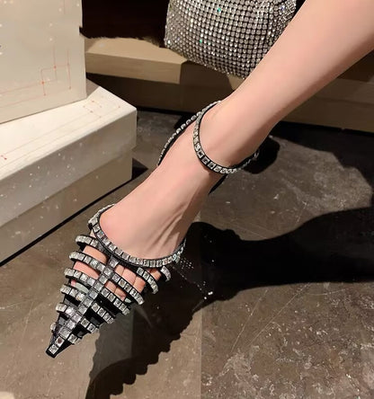 Design Rhinestone Hollowed Toe Box Back Empty Stiletto Heel Women's Sandals