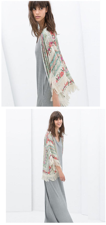 Batwing Sleeve Chiffon Printed Shawl Kimono Cardigan Coat