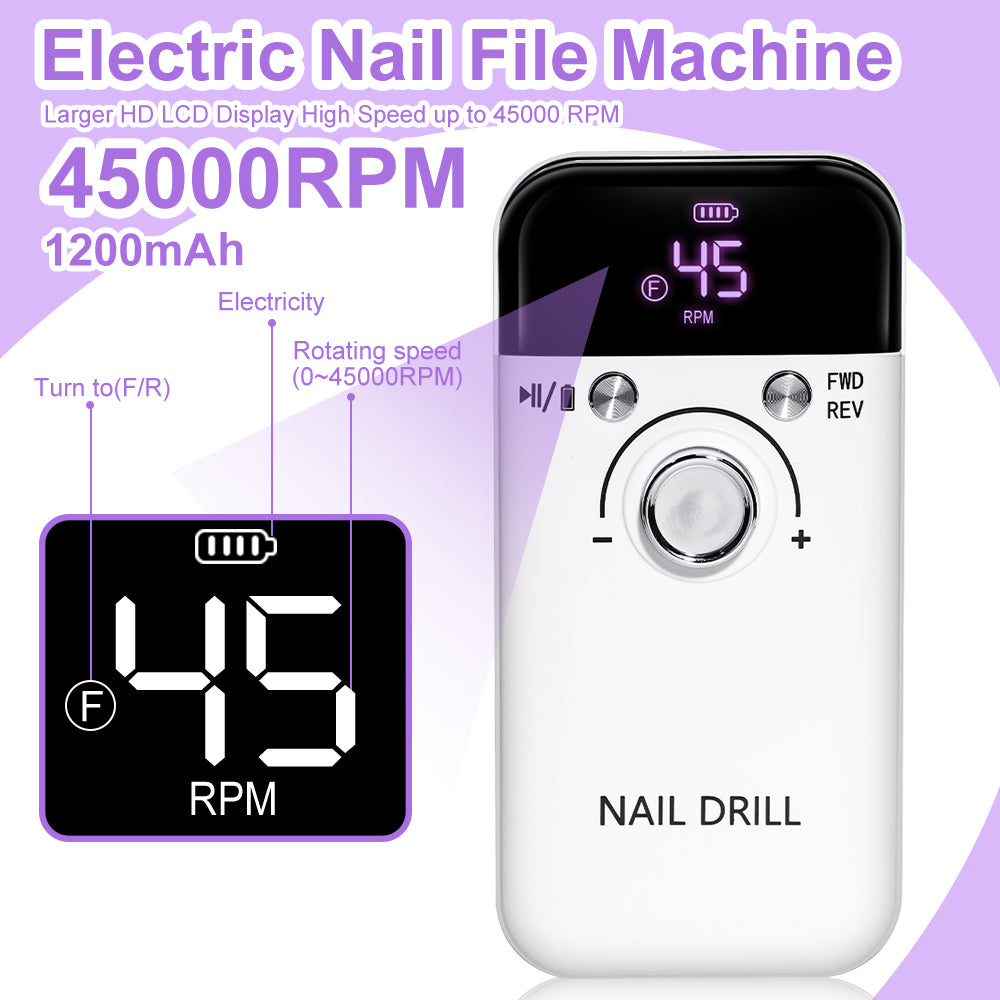 Electric Nail Drill Professional 45000RPM - Rechargeable Nail Drill Kit Portable Electric Nail File With Complete Bits For Acrylic Nails Gel Polishing Removing