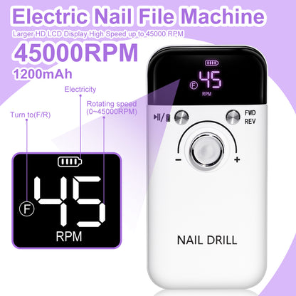 Electric Nail Drill Professional 45000RPM - Rechargeable Nail Drill Kit Portable Electric Nail File With Complete Bits For Acrylic Nails Gel Polishing Removing