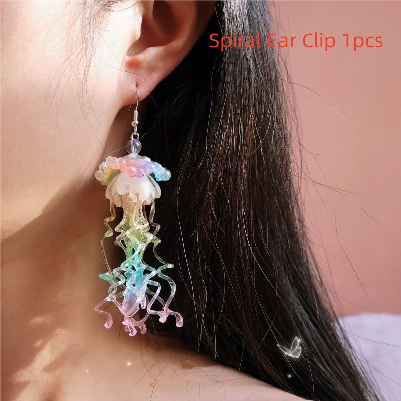 Rainbow Jellyfish Exaggerated Long Ear Clip Earrings
