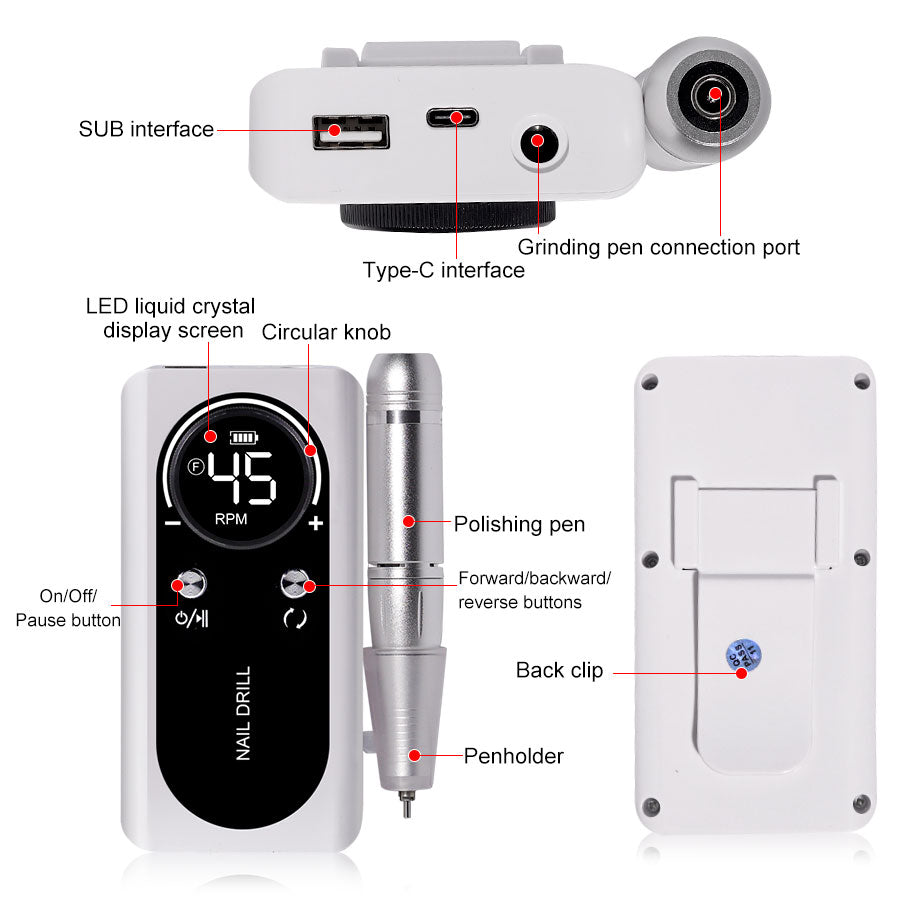 Professional Electric Nail Drill Machine, 45000RPM Rechargeable E-File Nail Drill Cordless, Electric Nail File Kit, Portable Electronic Grinder, Suitable For Nail Polish And Glue Nail Polish Polishing