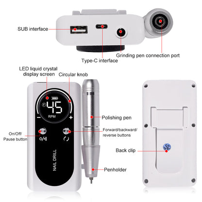 Professional Electric Nail Drill Machine, 45000RPM Rechargeable E-File Nail Drill Cordless, Electric Nail File Kit, Portable Electronic Grinder, Suitable For Nail Polish And Glue Nail Polish Polishing