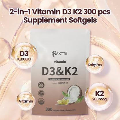 D3K2 Bone Health Softgels 300 Capsules With Clinically Validated Dosage Triple-Action Support For Joints Immunity Heart Health