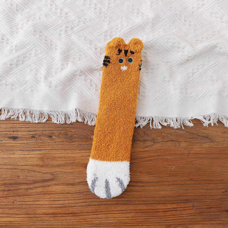 Coral Fleece Socks Women's Thick Warm Winter Sleep Long Japanese Cute Cartoon Embroidered Mid-calf Cat's Paw Socks