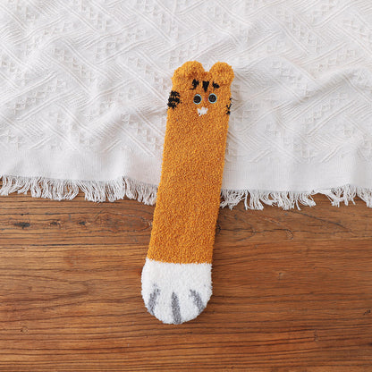 Coral Fleece Socks Women's Thick Warm Winter Sleep Long Japanese Cute Cartoon Embroidered Mid-calf Cat's Paw Socks