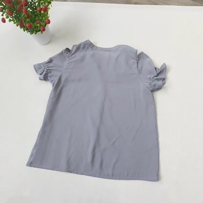 Women's Gray Ruffled-edge Short-sleeve Shirt