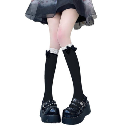 Two-Way Wear Lace Bow Knee High Socks, Black & White Convertible Calf Stockings, Cute Lolita Coquette Aesthetic Legwear For Women