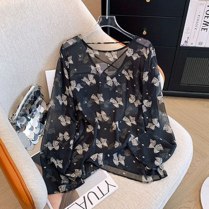 Plump Girls Slimming Retro Floral Chiffon Top