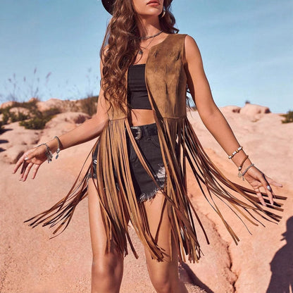 Hippie-style Suede Look Tassel Jacket Cardigan
