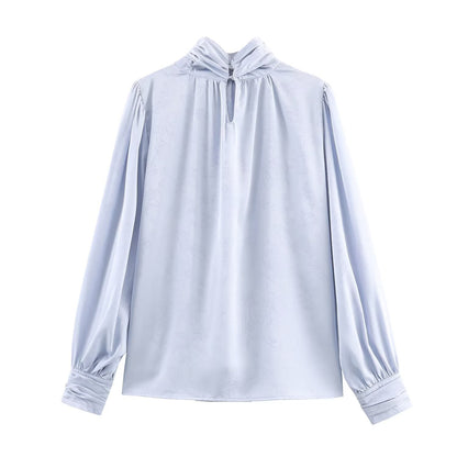 Sleek Jacquard Silk-textured Blouse With A Bow Detail