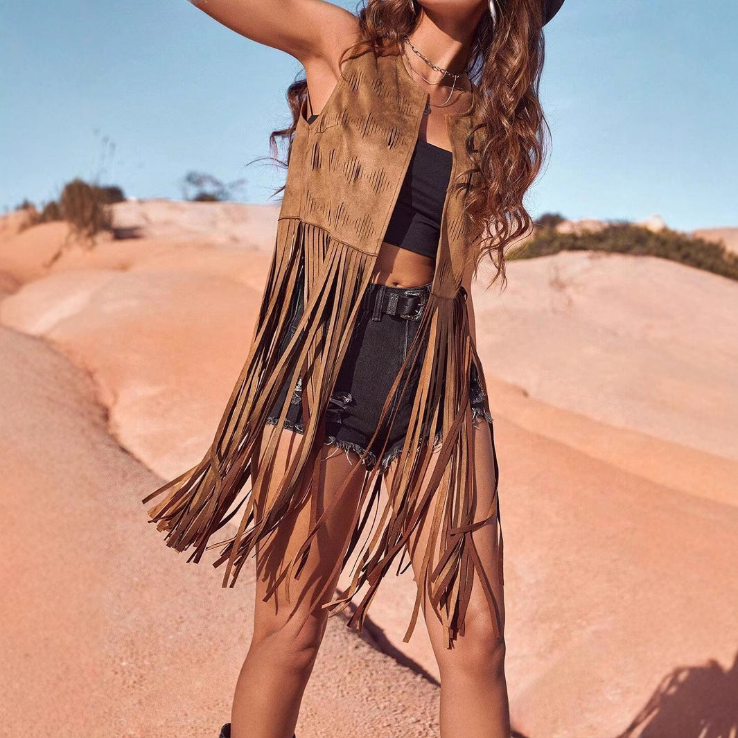 Hippie-style Suede Look Tassel Jacket Cardigan