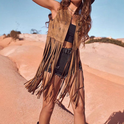 Hippie-style Suede Look Tassel Jacket Cardigan