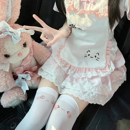 White Coquette Thigh High Socks, Cute Cherry Embroidery Over The Knee Stockings, Sweet Lolita Aesthetic Legwear For Women