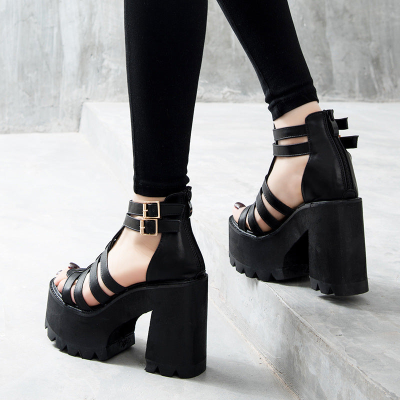 Fish mouth high heel thick heel sandals