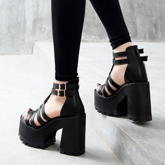 Fish mouth high heel thick heel sandals
