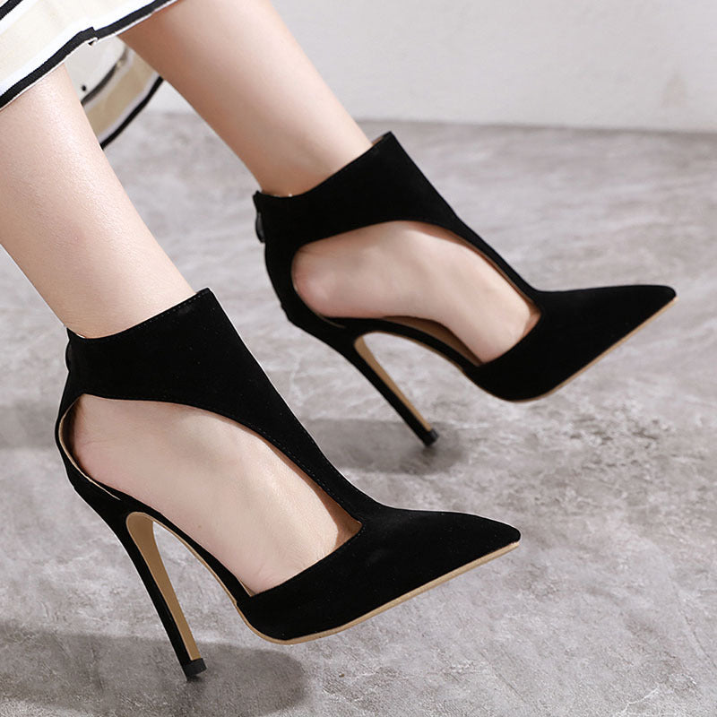 Sexy hollow pointed stiletto heel suede sandals