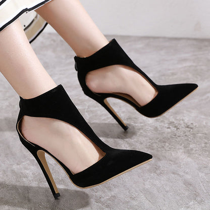 Sexy hollow pointed stiletto heel suede sandals