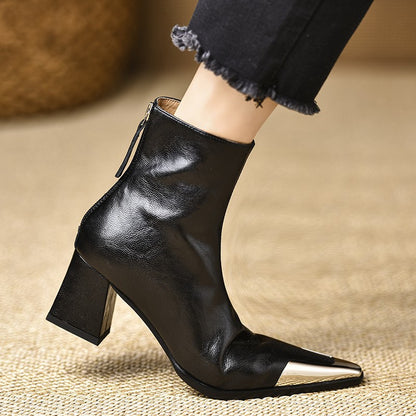 Pointed-toe Chunky-heel Leather Ankle Boots For Women Chic And Vintage