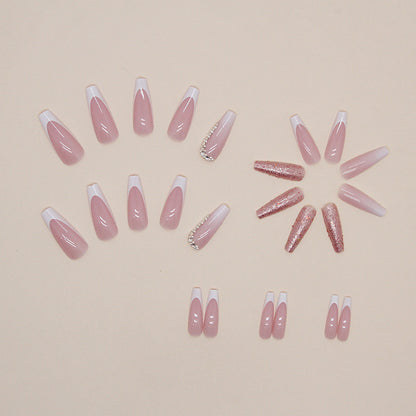 Women's Fashion Simple French Gradient Length Pile Rhinestone Fake Nails
