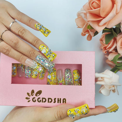 GGddsha Duck Nails Handmade PMMA Acrylic MediumSquare Fake Nails With Rhinestones Love Butterfly DesignReusable Full Coverage Duck Ladies Fake Nail,Sunlit Cherub