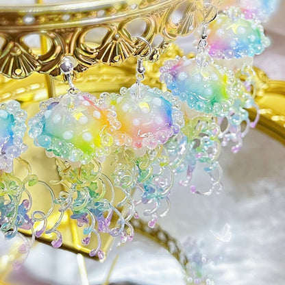 Rainbow Jellyfish Exaggerated Long Ear Clip Earrings