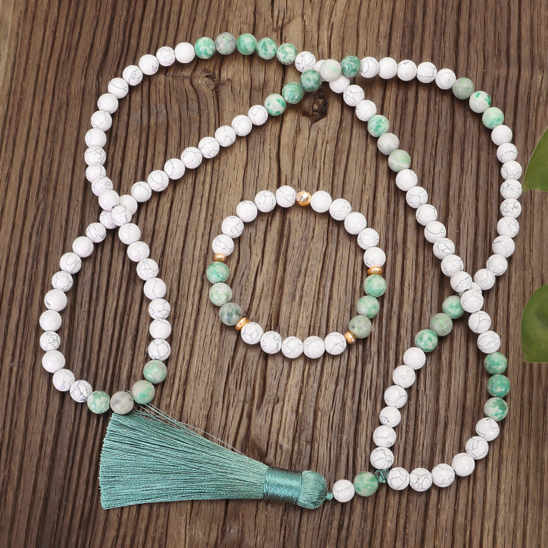 Necklace Bracelet Set 108 Iron Gallstone White Turquoise Long Tassel Necklace Yoga Necklace