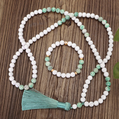 Necklace Bracelet Set 108 Iron Gallstone White Turquoise Long Tassel Necklace Yoga Necklace