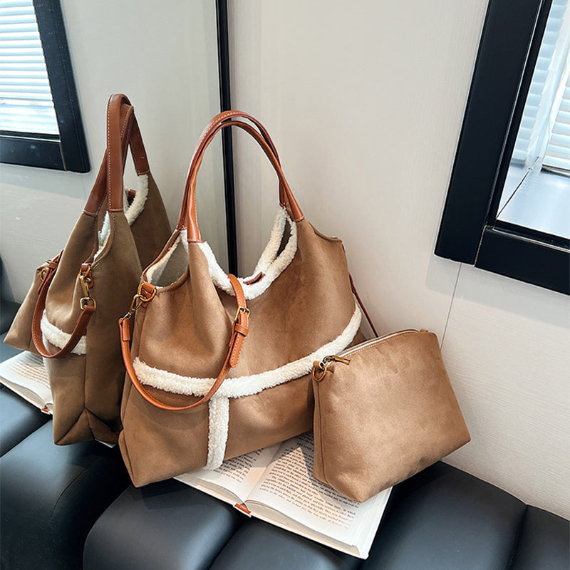 2pcs Women Plush Totes Casual Large-capacity Suede Handbag Winter Bags