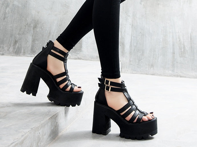 Fish mouth high heel thick heel sandals