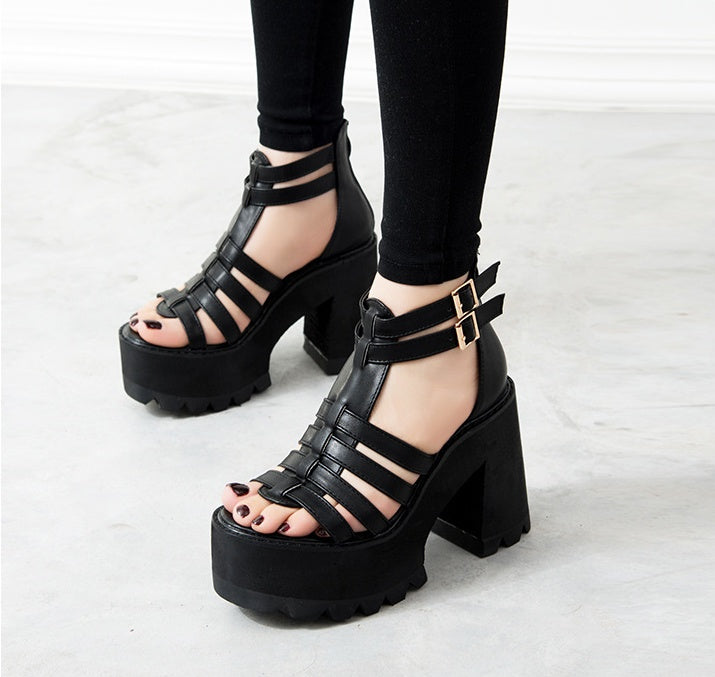 Fish mouth high heel thick heel sandals