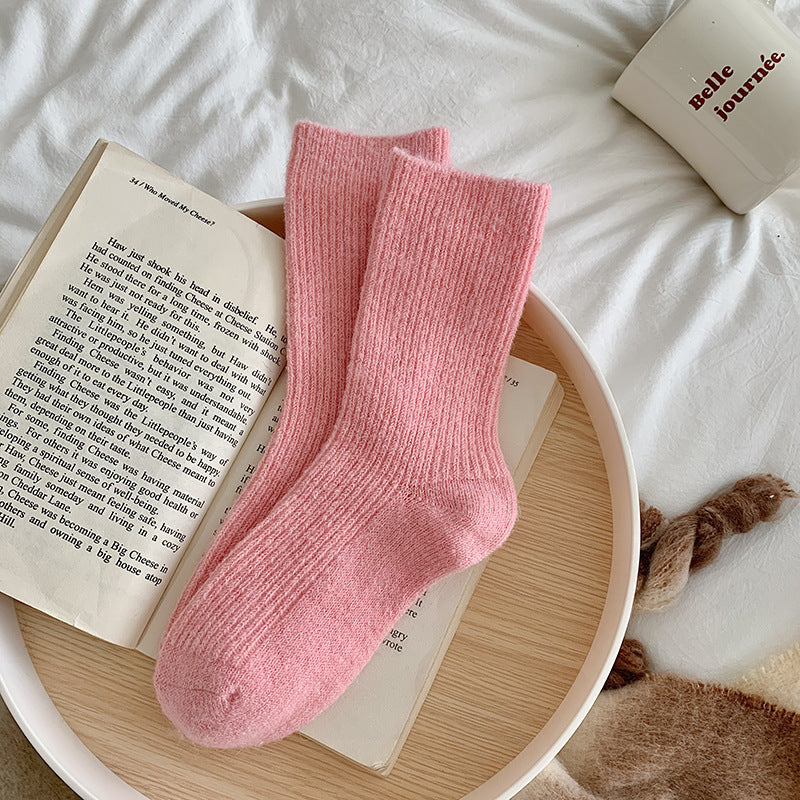Solid-color, Fleece-lined, Extra-thick Warm Wool Socks For Women
