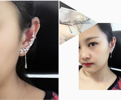 Leaf Tassel Ear Clip Diamond Stud Earrings